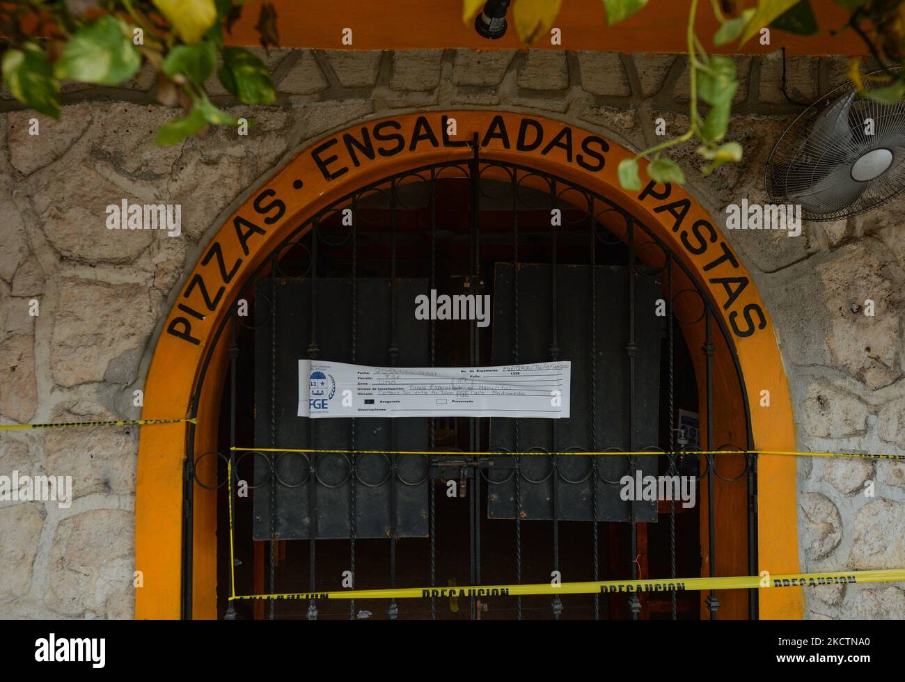 Police security tape around a local restaurant in the center of Tulum, where a fatal inter-gang shootout took place on October 22, 2021, in which two tourists were shot and killed. On Wednesday, November 10, 2021, in Tulum, Quintana Roo, Mexico. (Photo by Artur Widak/NurPhoto) Stock Photo
