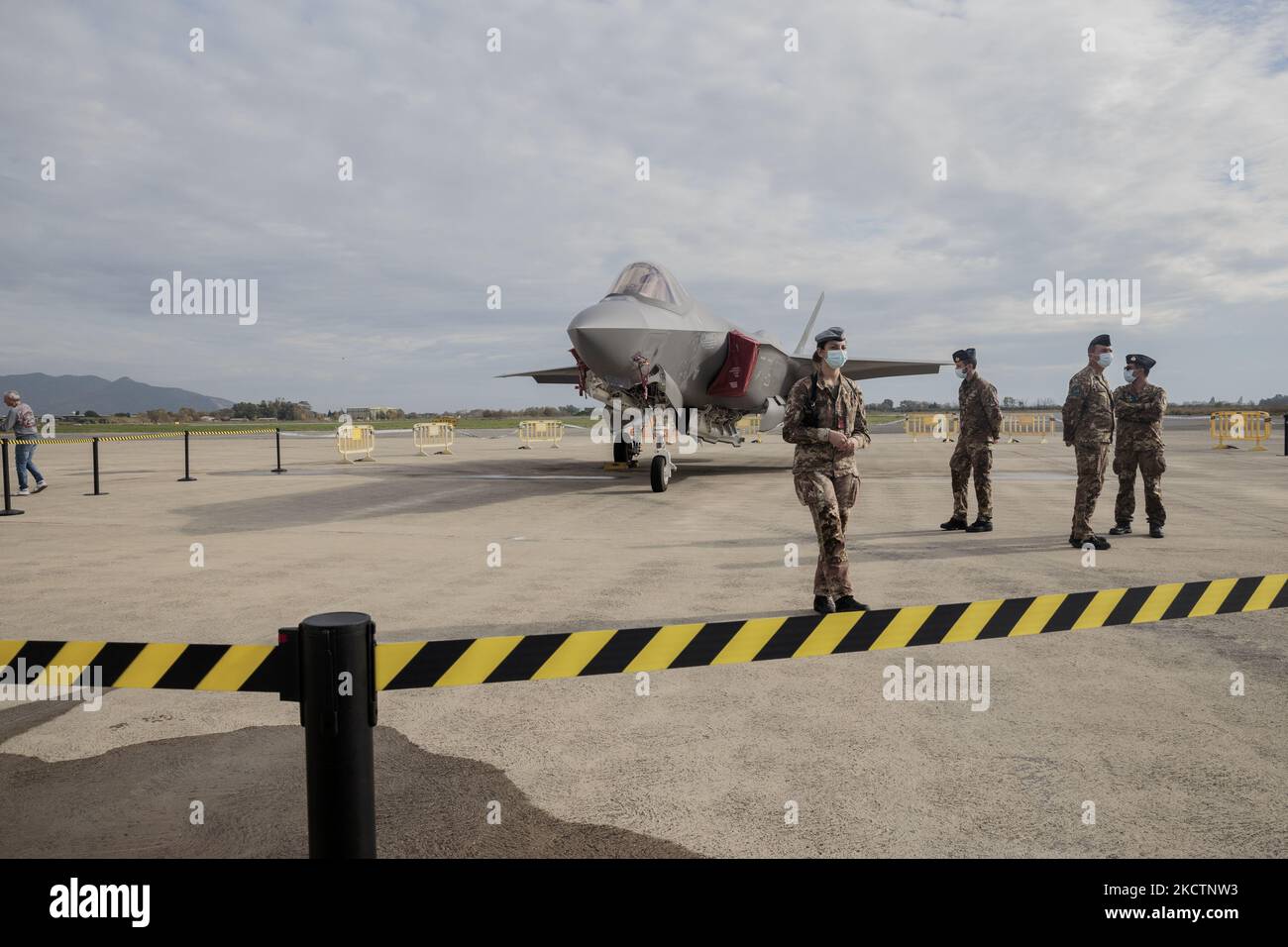 F-35 combat aircraft displayed during the commemoration of the Kindu massacre at the military airport in Pisa, Italy, on November 11, 2021. The Kindu massacre, took place on 11 or 12 November 1961 in Kindu Port-Émpain, in the Congo-Léopoldville, former Belgian Congo, where thirteen Italian airmen, members of the United Nations Operation in the Congo, were murdered. The massacre was commemorated today by the 46th Air Brigade of Pisa inside the military airport at the Kindu Shrine. The mass was celebrated by the Military Ordinary, Archbishop Santo Marcianò, at the presence of the Chief of Staff  Stock Photo