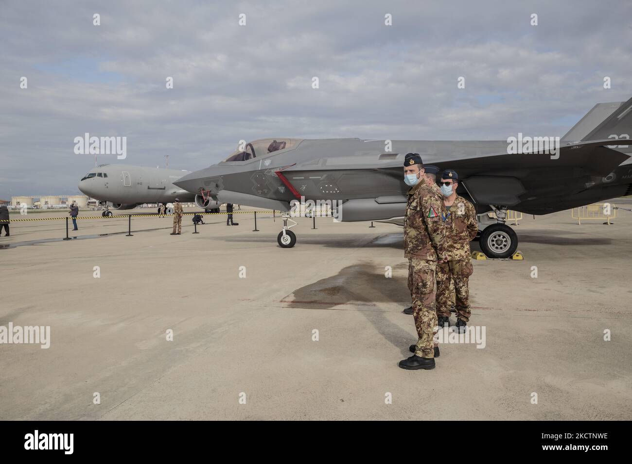 F-35 combat aircraft displayed during the commemoration of the Kindu massacre at the military airport in Pisa, Italy, on November 11, 2021. The Kindu massacre, took place on 11 or 12 November 1961 in Kindu Port-Émpain, in the Congo-Léopoldville, former Belgian Congo, where thirteen Italian airmen, members of the United Nations Operation in the Congo, were murdered. The massacre was commemorated today by the 46th Air Brigade of Pisa inside the military airport at the Kindu Shrine. The mass was celebrated by the Military Ordinary, Archbishop Santo Marcianò, at the presence of the Chief of Staff  Stock Photo