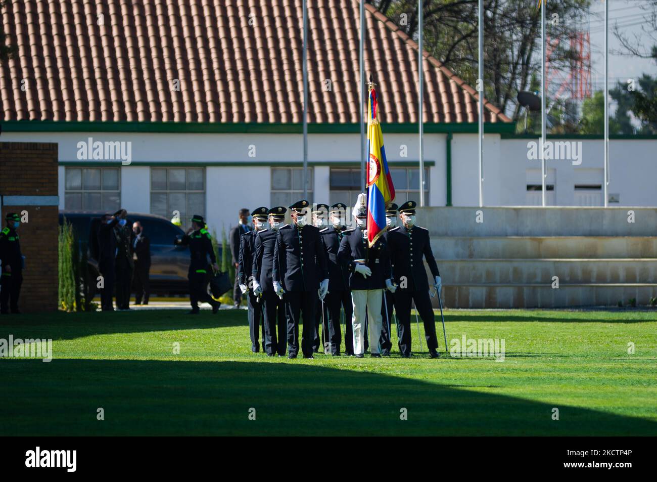 Newly promoted Police officers participate in their promotion ceremony during an event were Colombia's president Ivan Duque Marquez and Colombia's Minister of Defense Diego Molano in conmmemoration of the 130 anniversary of Colombia's National Police and the promotion to officers to more than a 100 police members, in Bogota, Colombia on November 11, 2021. (Photo by Sebastian Barros/NurPhoto) Stock Photo