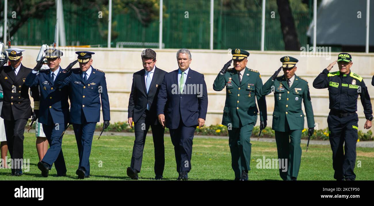 Colombia's line of Command of military, navy, air force and police forces with generals of the army Luis Fernando Navarro and Eduardo Enrique Zapateiro, Air Force General Ramses Rueda Rueda, Navy Vice Admiral Gabriel Alfonso Perez, Head of State of the Military forces Jorge Leon Gonzalez and Minister of Defense Diego Molano and President of Colombia Ivan Duque Marquez during an event were Colombia's president Ivan Duque Marquez and Colombia's Minister of Defense Diego Molano in conmmemoration of the 130 anniversary of Colombia's National Police and the promotion to officers to more than a 100  Stock Photo
