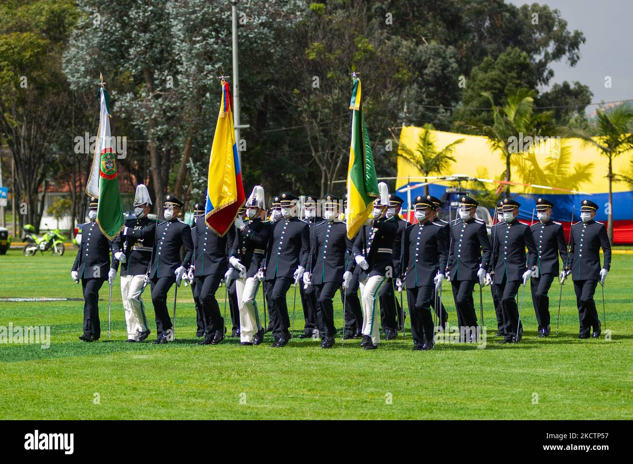 Newly promoted Police officers participate in their promotion ceremony during an event were Colombia's president Ivan Duque Marquez and Colombia's Minister of Defense Diego Molano in conmmemoration of the 130 anniversary of Colombia's National Police and the promotion to officers to more than a 100 police members, in Bogota, Colombia on November 11, 2021. (Photo by Sebastian Barros/NurPhoto) Stock Photo