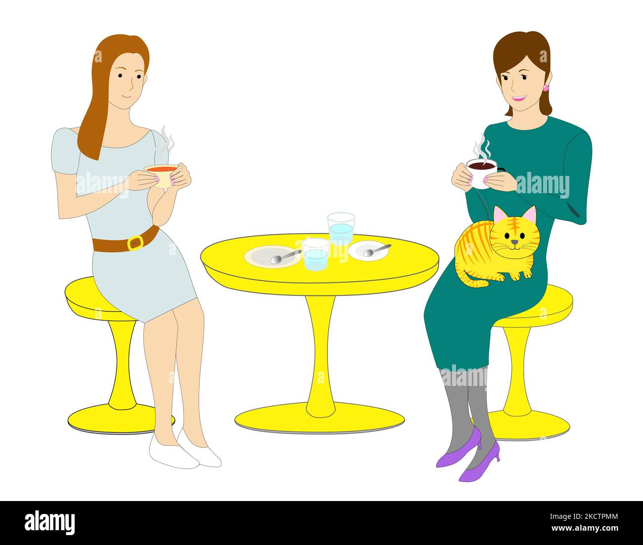 An elegant woman at Cat cafe with white background tabby cat Stock