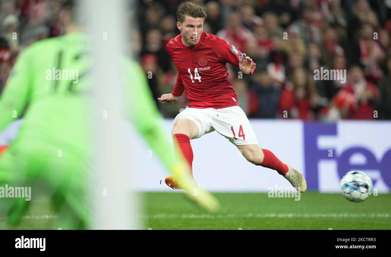 Anders Dreyer of Denmark during Denmark against Faroe Islands, World Cup Qualification at Parken Stadium, Copenhagen, Denmark on November 12, 2021. (Photo by Ulrik Pedersen/NurPhoto) Stock Photo