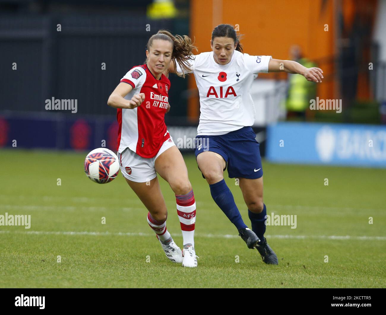 L-R Lia Walti of Arsenal holds of Rachel Williams of Tottenham Hotspur Women during Barclays FA Women's Super League between Tottenham Hotspur and Arsenal at The Hive, Barnet , UK on 13th November 2021 (Photo by Action Foto Sport/NurPhoto) Stock Photo