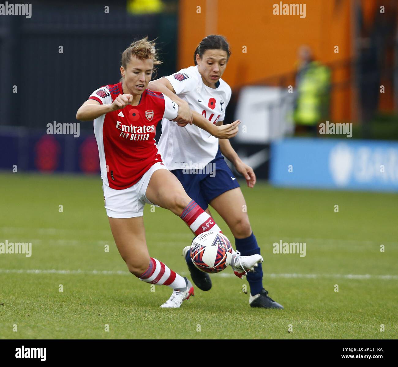 L-R Lia Walti of Arsenal holds of Rachel Williams of Tottenham Hotspur Women during Barclays FA Women's Super League between Tottenham Hotspur and Arsenal at The Hive, Barnet , UK on 13th November 2021 (Photo by Action Foto Sport/NurPhoto) Stock Photo