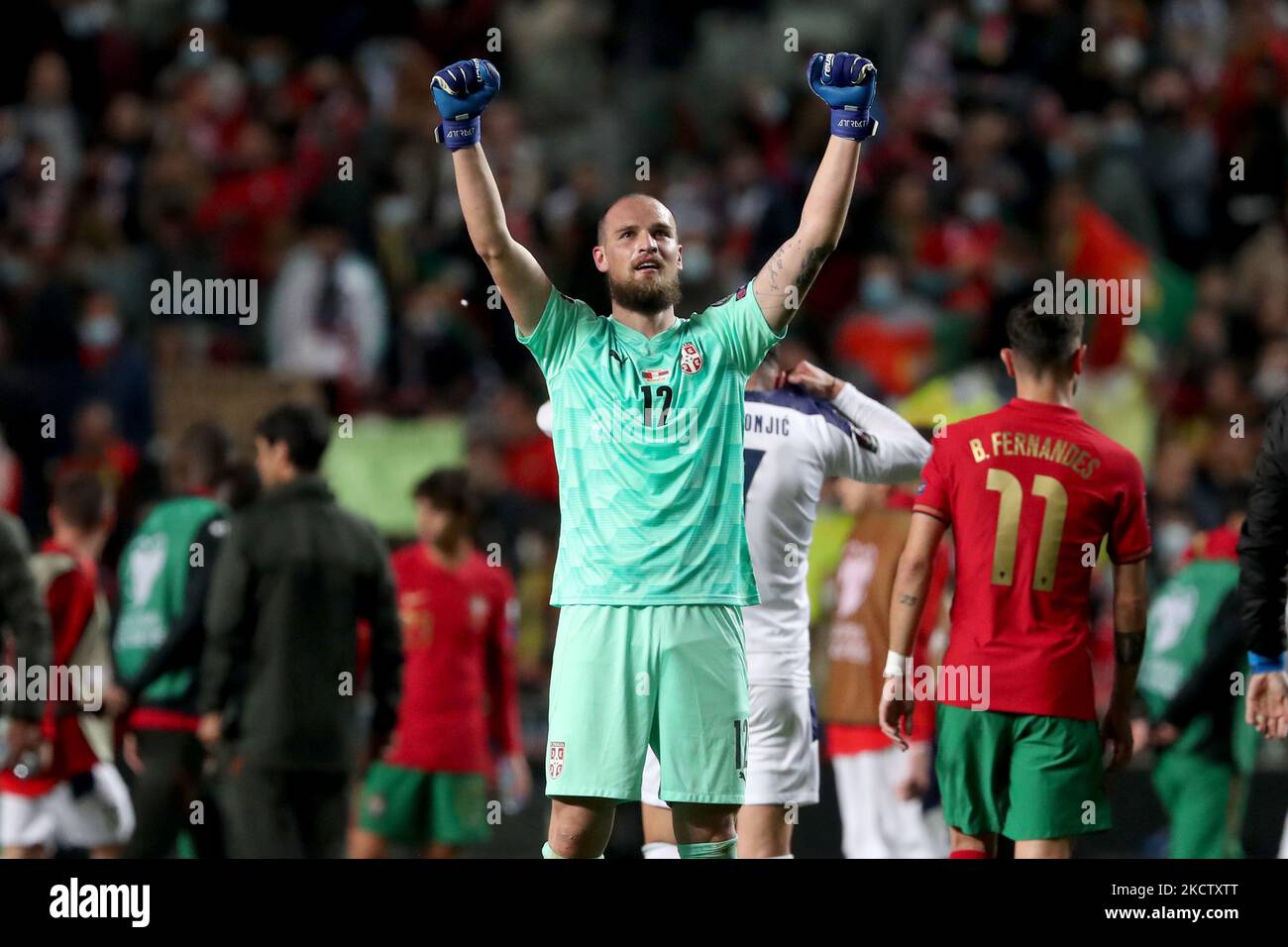 Serbia's goalkeeper Predrag Rajkovic celebrates the victory at the end the FIFA World Cup Qatar 2022 qualification group A football match between Portugal and Serbia at the Luz stadium in Lisbon, Portugal, on November 14, 2021.(Photo by Pedro Fiuza) (Photo by Pedro FiÃºza/NurPhoto) Stock Photo