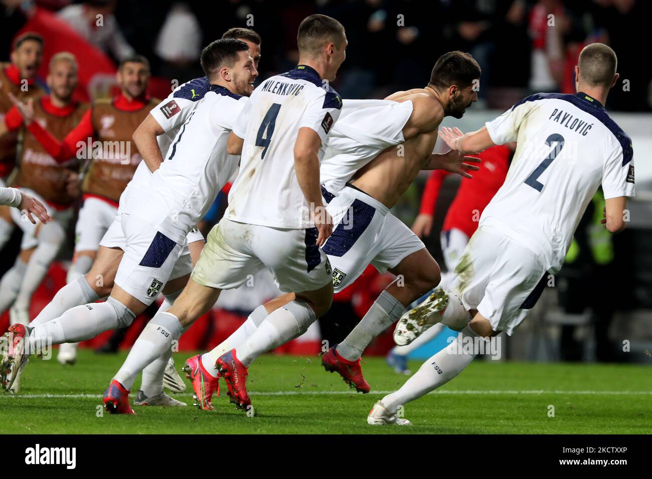 Serbia's forward Aleksandar Mitrovic celebrates after scoring a goal during the FIFA World Cup Qatar 2022 qualification group A football match between Portugal and Serbia at the Luz stadium in Lisbon, Portugal, on November 14, 2021. (Photo by Pedro FiÃºza/NurPhoto) Stock Photo