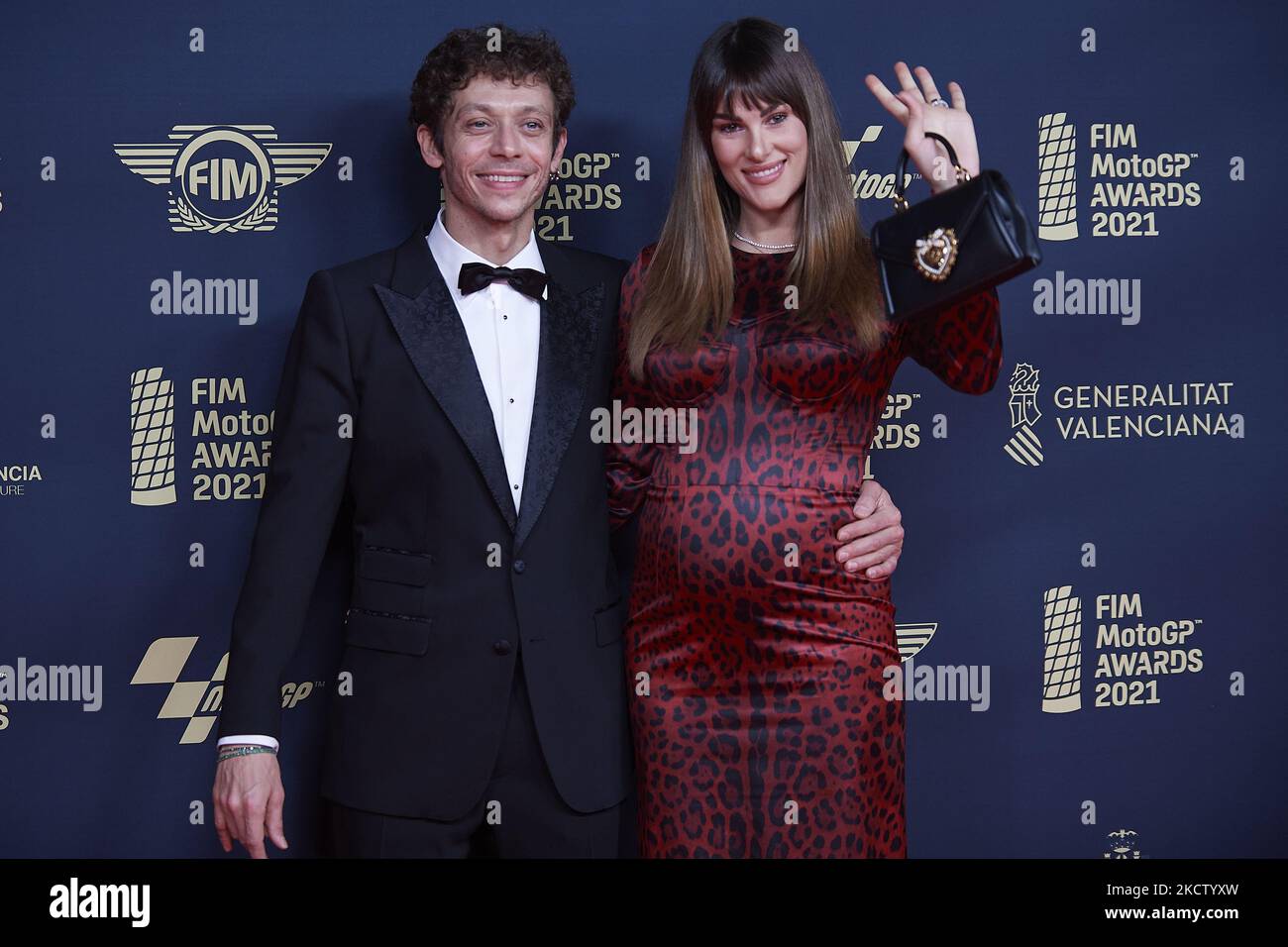 Valentino Rossi and his wife Francesca Sofia Novello on the red carpet  before during the FIM MotoGP Awards Ceremony at Fira de Valencia on  November 14, 2021 in Valencia, Spain. (Photo by