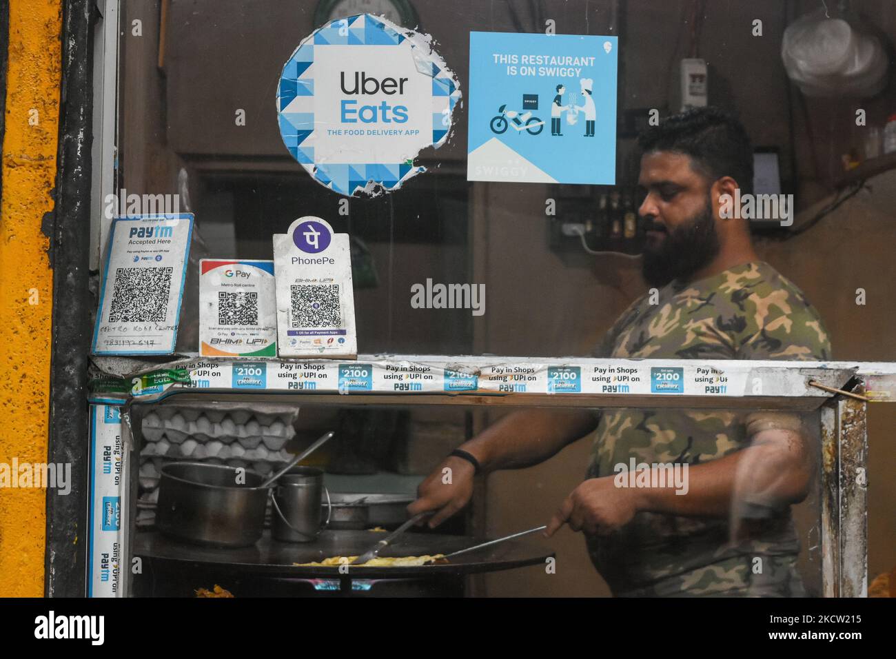 GPay and Paytm QR code as seen at a food shop in Kolkata , India , on 16 November 2021 . Digital payment transactions jumped to over 100% in India to 3.5 billion transactions in October 2021 , resulting to over Rupees 6.3 Trillion cashflow . (Photo by Debarchan Chatterjee/NurPhoto) Stock Photo