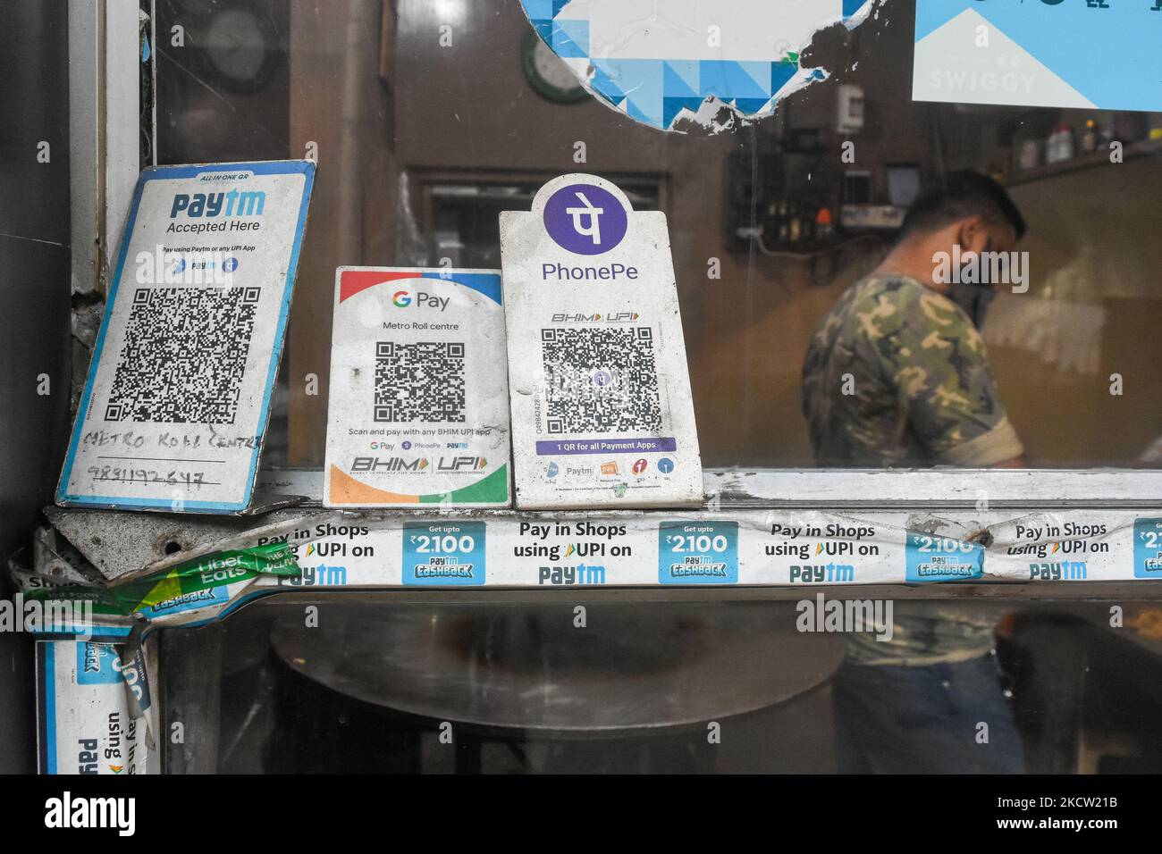 GPay and Paytm QR code as seen at a food shop in Kolkata , India , on 16 November 2021 . Digital payment transactions jumped to over 100% in India to 3.5 billion transactions in October 2021 , resulting to over Rupees 6.3 Trillion cashflow . (Photo by Debarchan Chatterjee/NurPhoto) Stock Photo