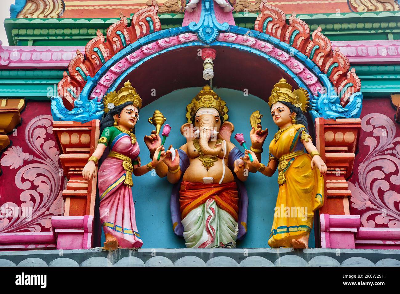 Figure of Lord Vinayagar (Lord Ganesh) adorns a Hindu temple in Mullaitivu, Sri Lanka. This temple was known to have been frequented by Velupillai Prabhakaran, the deceased leader of the LTTE (Liberation Tigers of Tamil Eelam) fighters. The temple was damaged during bombing by the Sri Lankan army during the civil war and is now being rebuilt. (Photo by Creative Touch Imaging Ltd./NurPhoto) Stock Photo