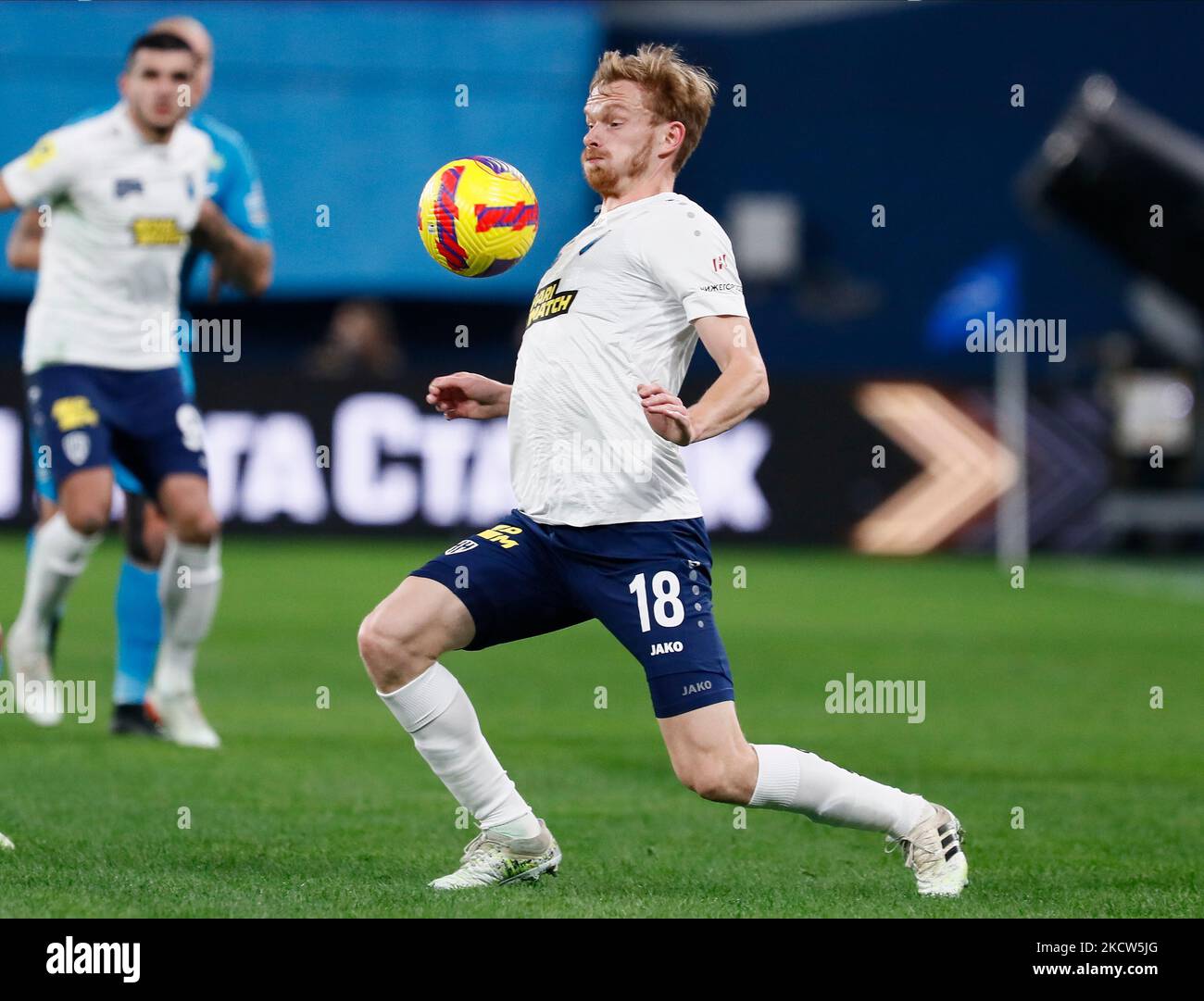 Pavel Mogilevets of Nizhny Novgorod in action during the Russian Premier League match between FC Zenit Saint Petersburg and FC Nizhny Novgorod on November 19, 2021 at Gazprom Arena in Saint Petersburg, Russia. (Photo by Mike Kireev/NurPhoto) Stock Photo