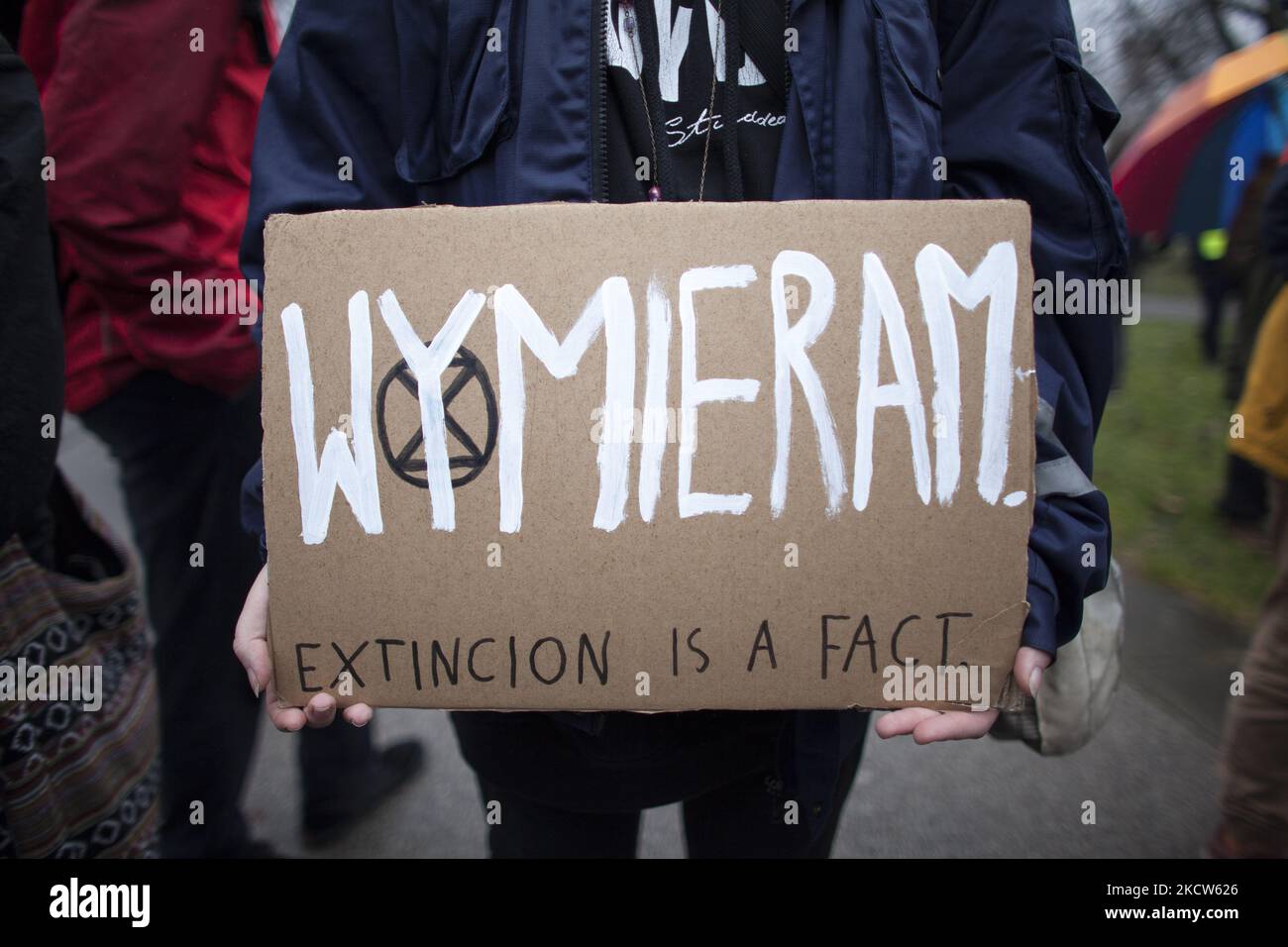 I M Dying Out Extincion Is A Fact placard seen during Three Decades of Inactivity march organized by Youth Climate Strike in Warsaw on November 19, 2021. (Photo by Maciej Luczniewski/NurPhoto) Stock Photo