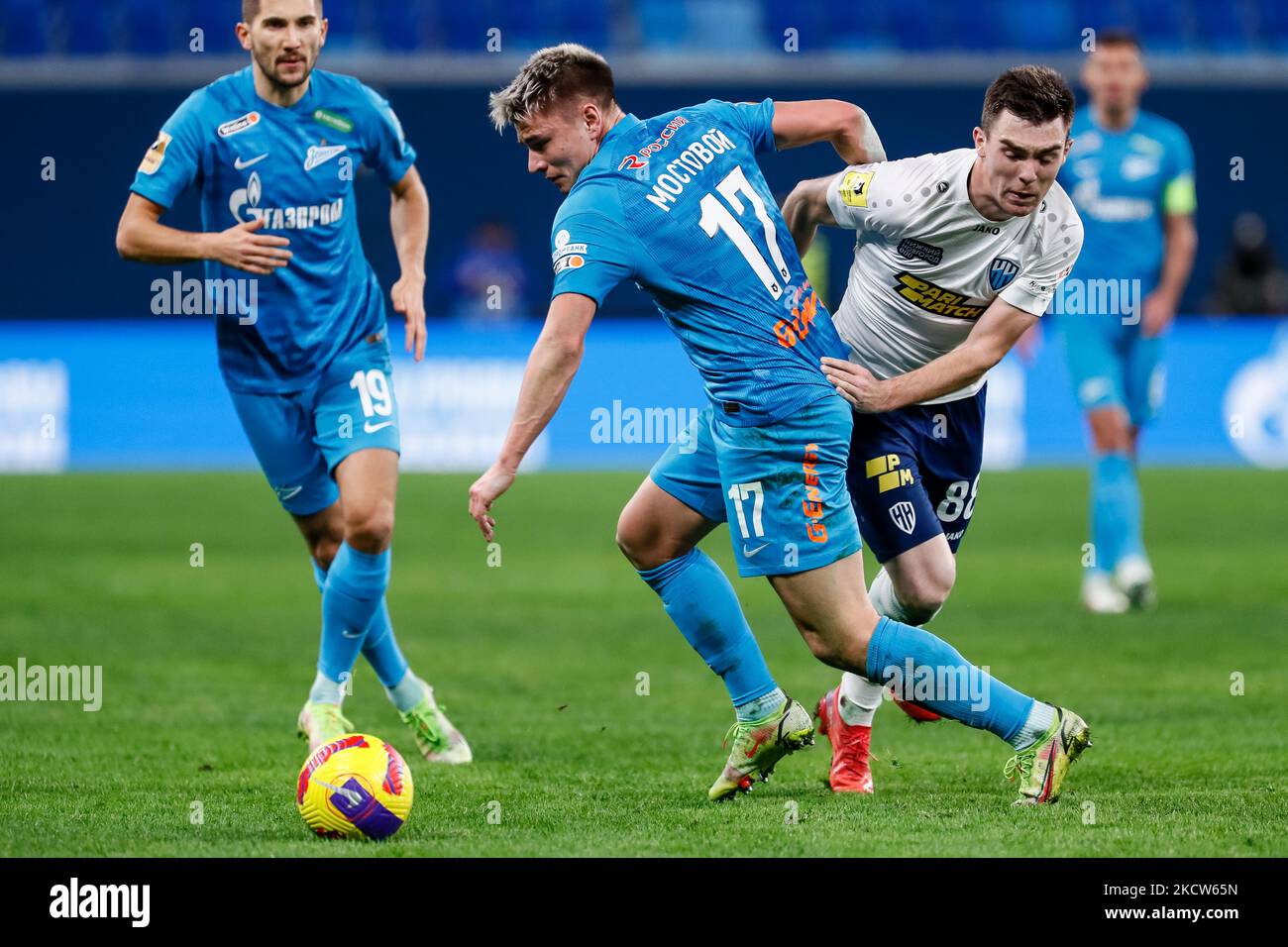 Andrey Mostovoy (N17) of Zenit St. Petersburg and Ilya Berkovsky of Nizhny Novgorod vie for the ball during the Russian Premier League match between FC Zenit Saint Petersburg and FC Nizhny Novgorod on November 19, 2021 at Gazprom Arena in Saint Petersburg, Russia. (Photo by Mike Kireev/NurPhoto) Stock Photo
