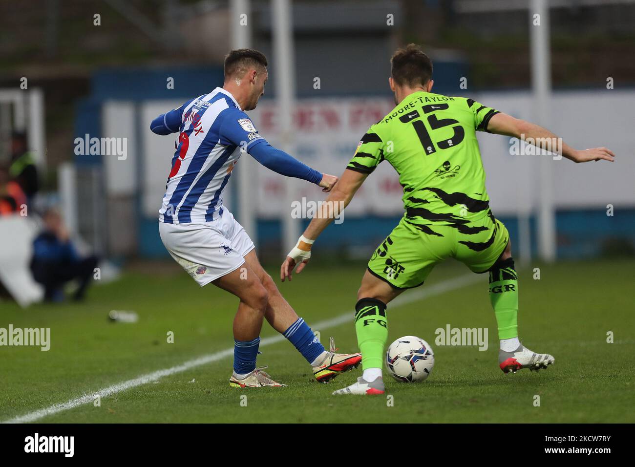 Hartepool, County Durham, UK. 27th Oct 2020. Hartlepool United's Gavan  Holohan in action with Altrincham's Tom Hannigan during the Vanarama  National League match between Hartlepool United and Altrincham at Victoria  Park, Hartlepool