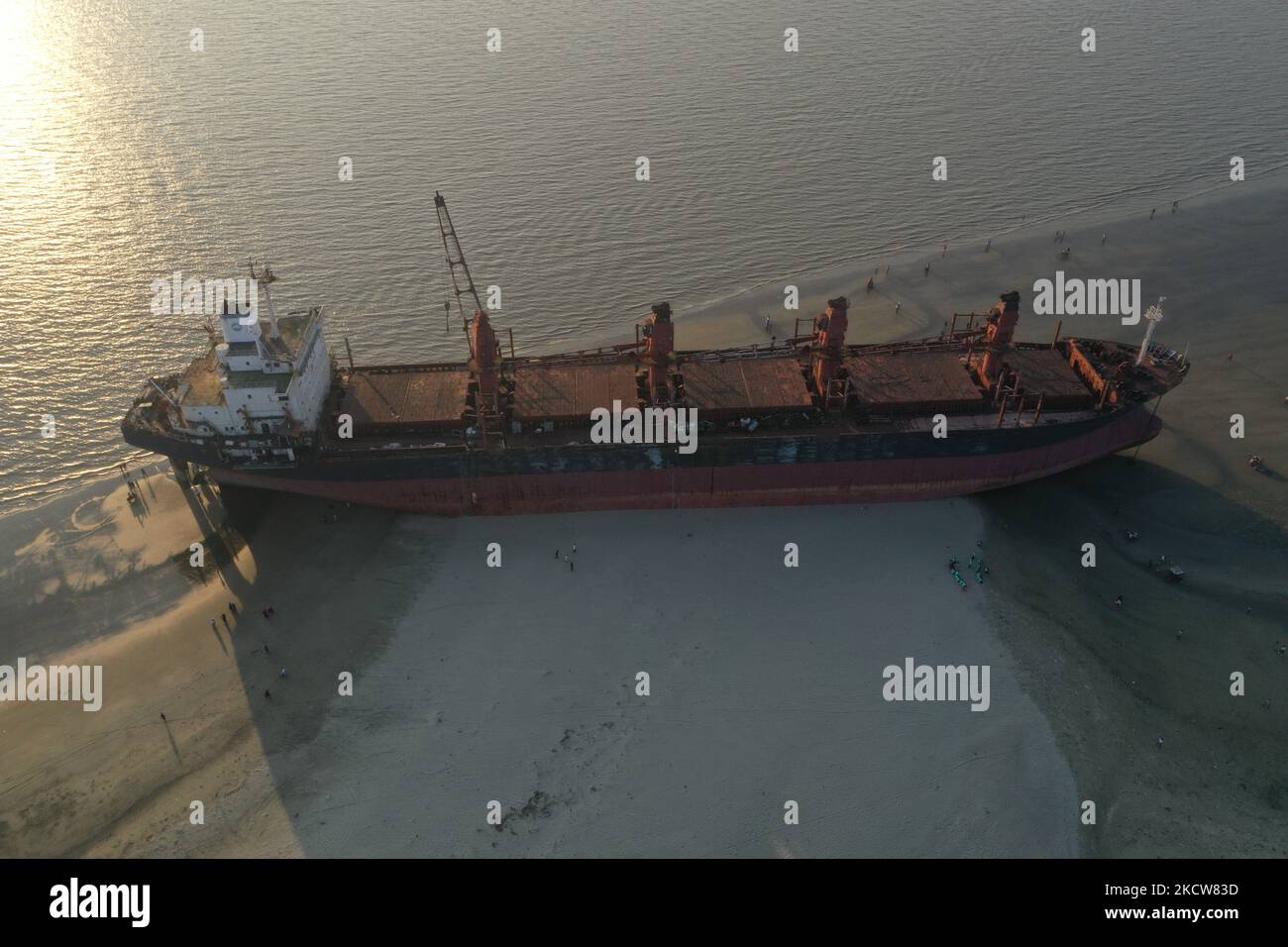 Aerial view of Crystal Gold ship stranded on a sea beach, in Chittagong, Bangladesh on November 20, 2021. On May 30, 2016, the Crystal Gold ship was stranded at Parky Beach in Chittagong due to Hurricane Mora. (Photo by Zakir Hossain Chowdhury/NurPhoto) Stock Photo