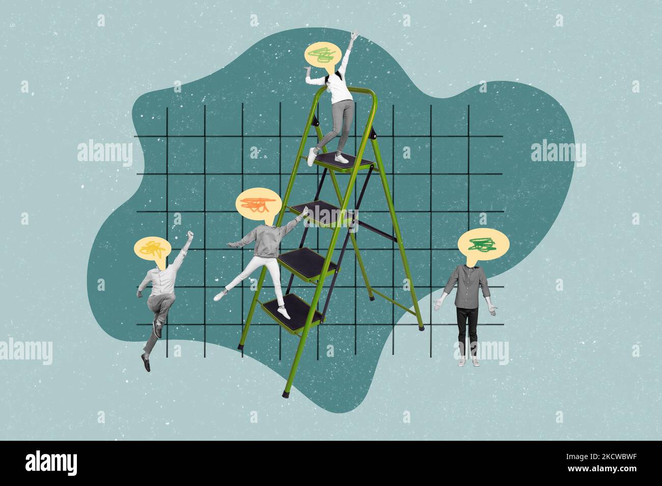 Creative photo collage of people climb social ladder mind cloud doodle ...