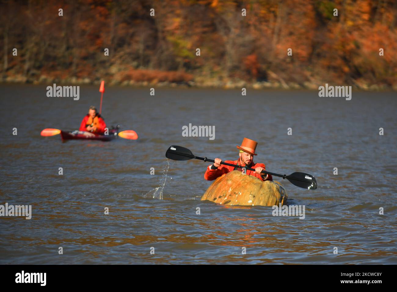 Actor and television host Justin Fornal hollowed out a 1,500 pound pumpkin and used it to row across the Hudson River in a journey taking many hours, Sunday, November 21st, 2021. (B.A. Van Sise/NurPhoto) (Photo by B.A. Van Sise/NurPhoto) Stock Photo