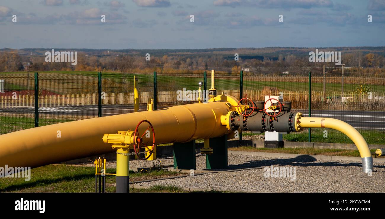 Big gas pipe natural gas transport system. Transmission infrastructure coming from the ground