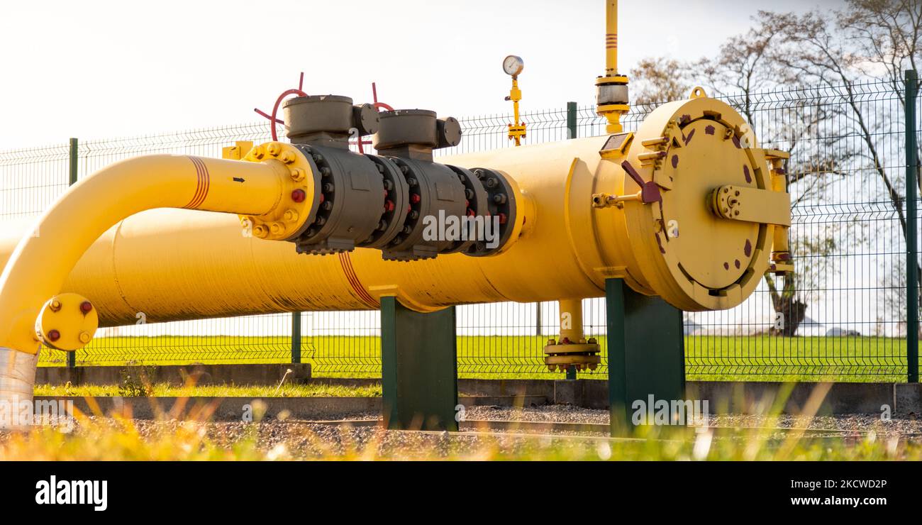 Big gas pipe natural gas transport system. Transmission infrastructure coming from the ground