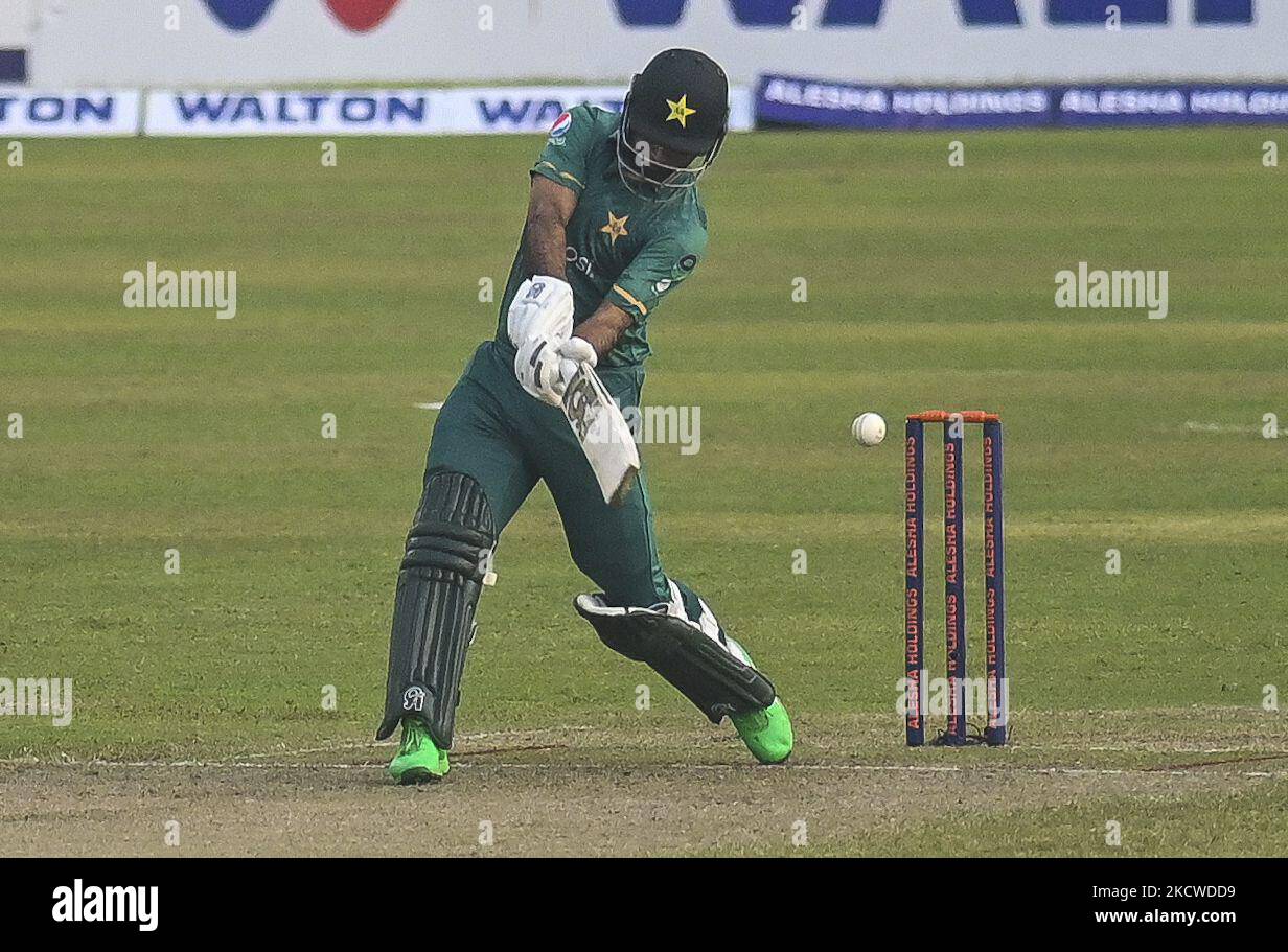 Pakistan's Fakhar Zaman plays a shot during the second Twenty20 international cricket match between Bangladesh and Pakistan at the Sher-e-Bangla National Cricket Stadium in Dhaka on November 20, 2021. (Photo by Ahmed Salahuddin/NurPhoto) Stock Photo