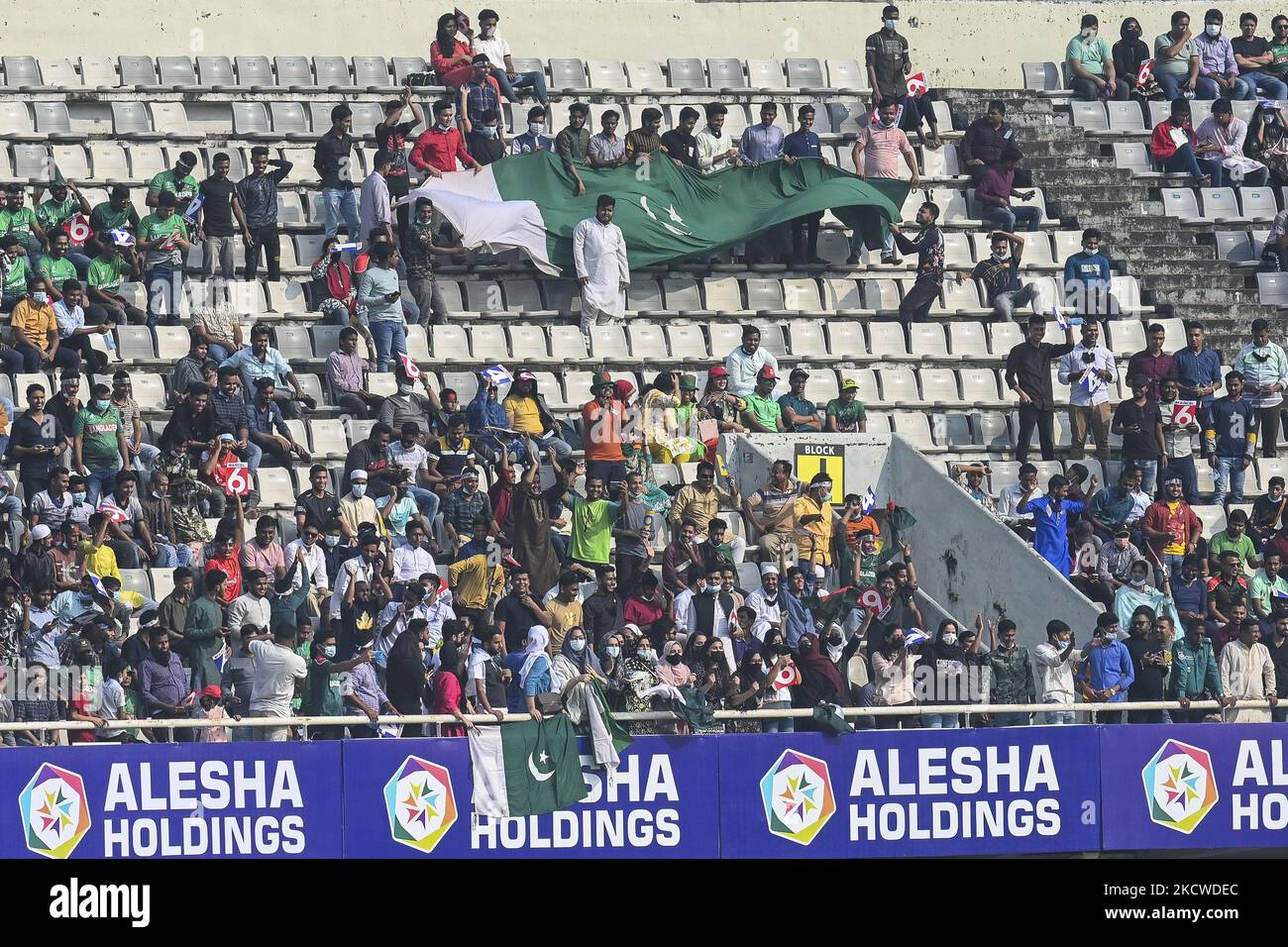 Spectators watch the second Twenty20 international cricket match between Bangladesh and Pakistan at the Sher-e-Bangla National Cricket Stadium in Dhaka on November 19, 2021. (Photo by Ahmed Salahuddin/NurPhoto) Stock Photo