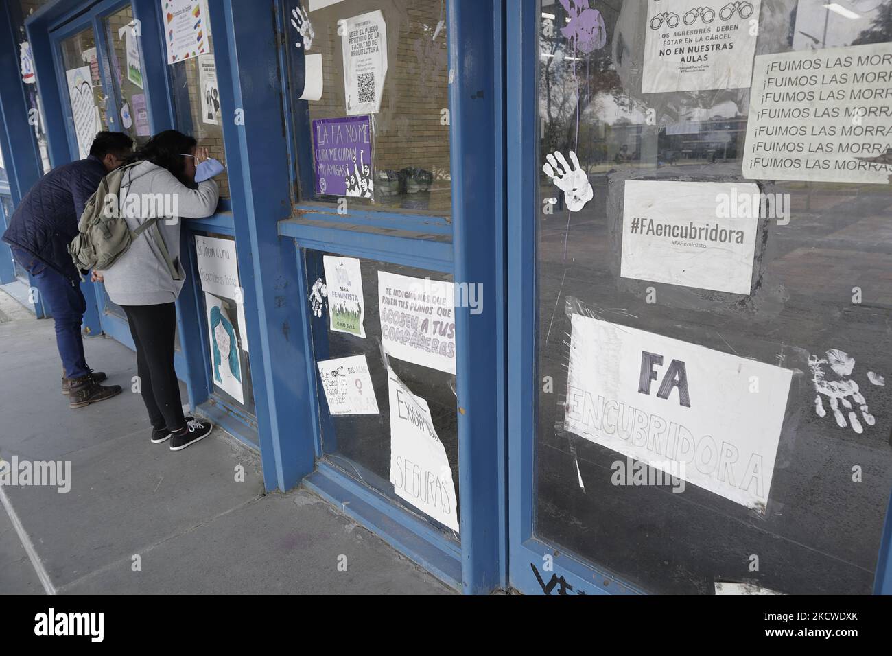 Signs against male violence on the windows of the Faculty of Architecture at the National Autonomous University of Mexico (UNAM), Mexico City. (Photo by Gerardo Vieyra/NurPhoto) Stock Photo