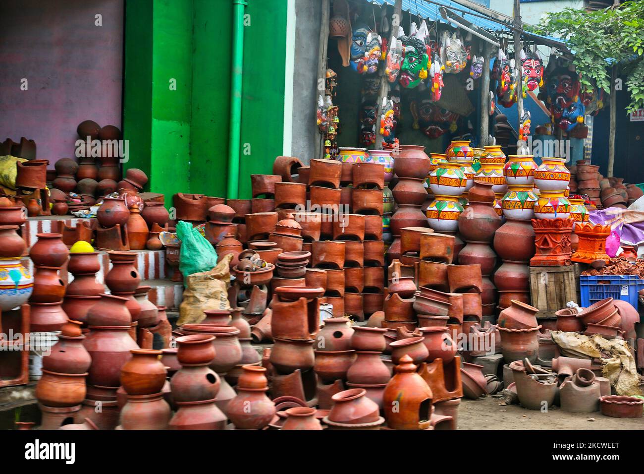 Pottery displayed outside a shop in Madurai, Tamil Nadu, India. (Photo