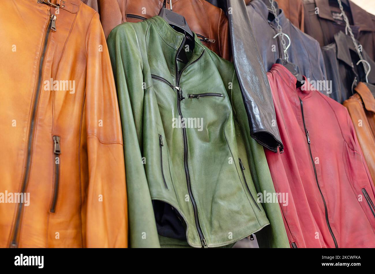 Leather jackets in the San Lorenzo Market in Florence, Italy. Stock Photo