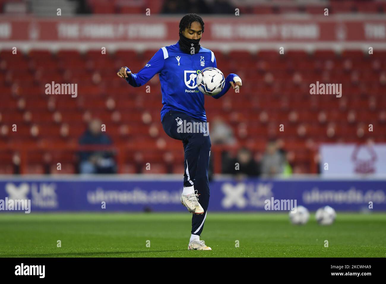 Djed Spence of Nottingham Forest warms up ahead of kick-off during the Sky Bet Championship match between Nottingham Forest and Luton Town at the City Ground, Nottingham on Tuesday 23rd November 2021. (Photo by Jon Hobley/MI News/NurPhoto) Stock Photo