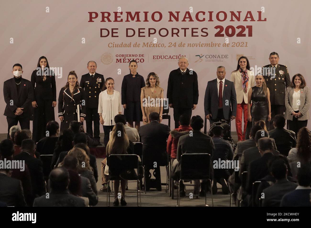 National Sports Award 2021 ceremony to athletes who were selected for this award, which was presented by the President of Mexico, Andrés Manuel López Obrador. The high-performance athletes who were recognised with the National Sports Award 2021 are: -Aremi Fuentes Zavala, weightlifting (bronze medal at the Tokyo Olympics). -Julio César Urías Acosta, baseball (Los Angeles Dodgers baseball player). -Mónica Olivia Rodríguez Saavedra, athletics. -Jannet Alegría Peña, Paralympic taekwondo. -José Manuel Zayas, weightlifting. -Mayte Ivonne Chávez García, professional football. -María del Rosario Espi Stock Photo