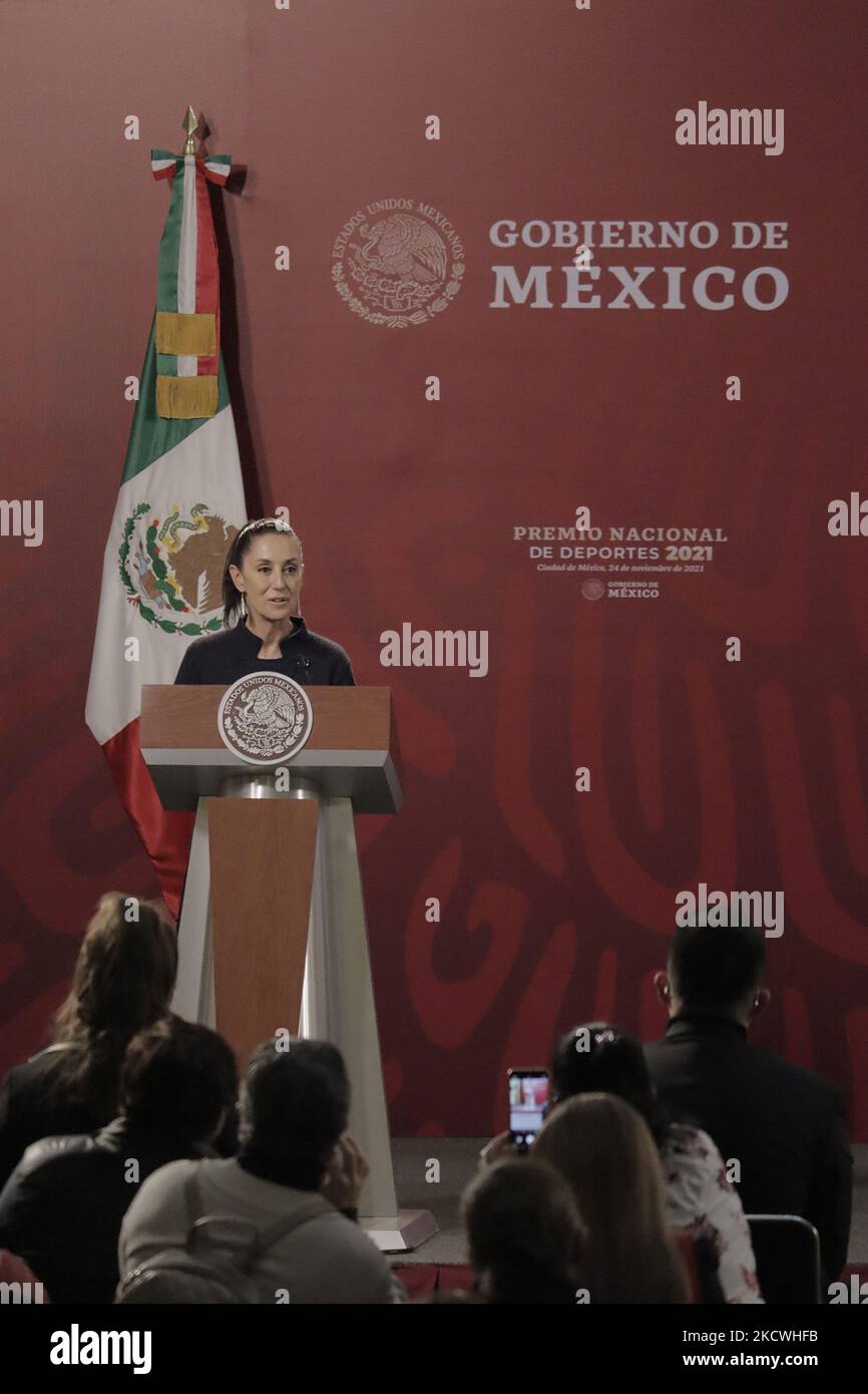 Claudia Sheinbaum, head of the Mexico City Government, during the ceremony to present the National Sports Award 2021 to the athletes who were selected for this award. The high-performance athletes who were recognised with the National Sports Award 2021 are: -Aremi Fuentes Zavala, weightlifting (bronze medal at the Tokyo Olympics). -Julio César Urías Acosta, baseball (Los Angeles Dodgers baseball player). -Mónica Olivia Rodríguez Saavedra, athletics. -Jannet Alegría Peña, Paralympic taekwondo. -José Manuel Zayas, weightlifting. -Mayte Ivonne Chávez García, professional football. -María del Rosa Stock Photo