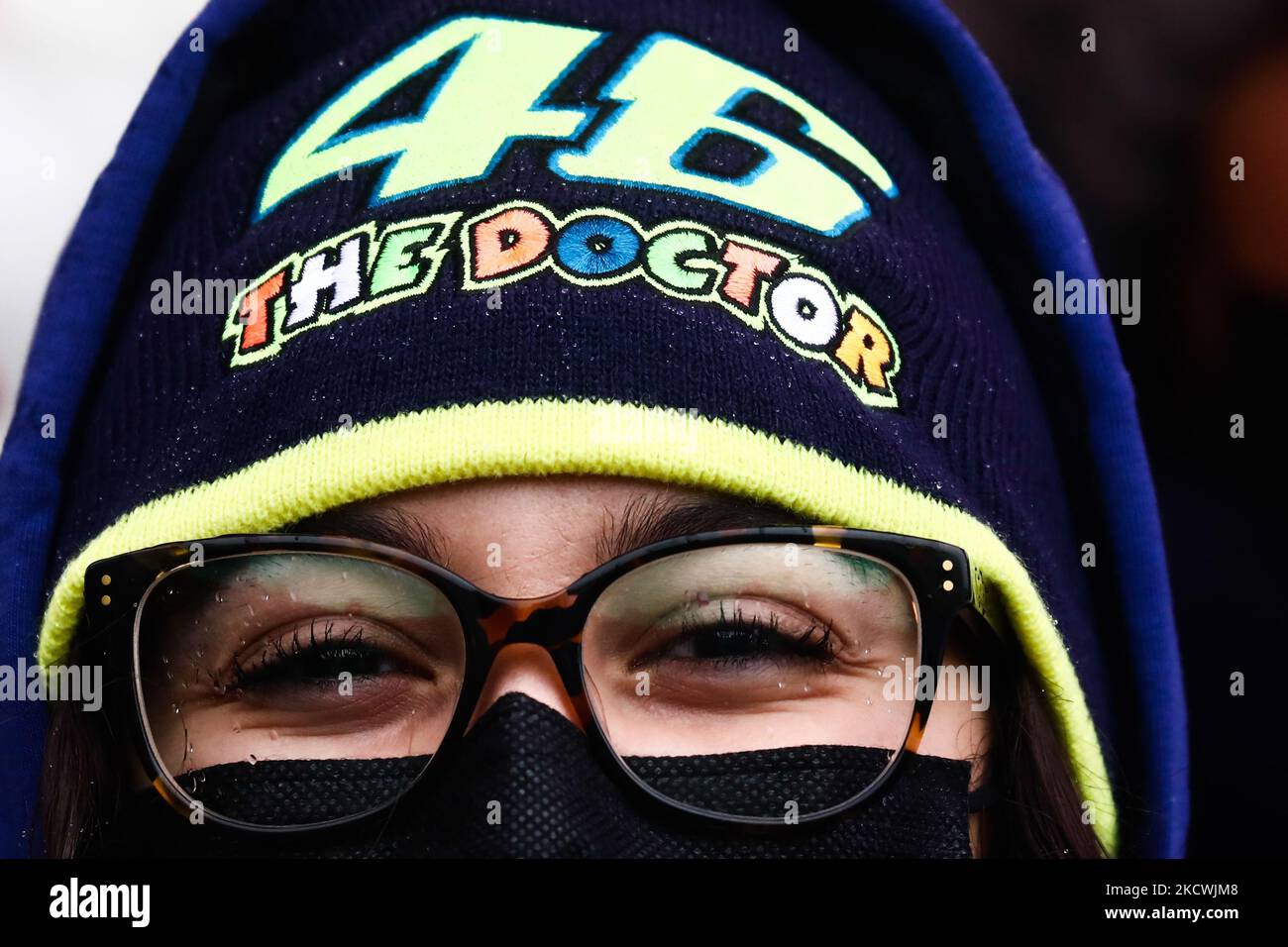 Fan during the 'One More Lap' event, organized to mark the end of Valentino Rossi's MotoGP career, as a part of the EICMA motorcycle show in Milan, Italy on November 25, 2021. (Photo by Jakub Porzycki/NurPhoto) Stock Photo