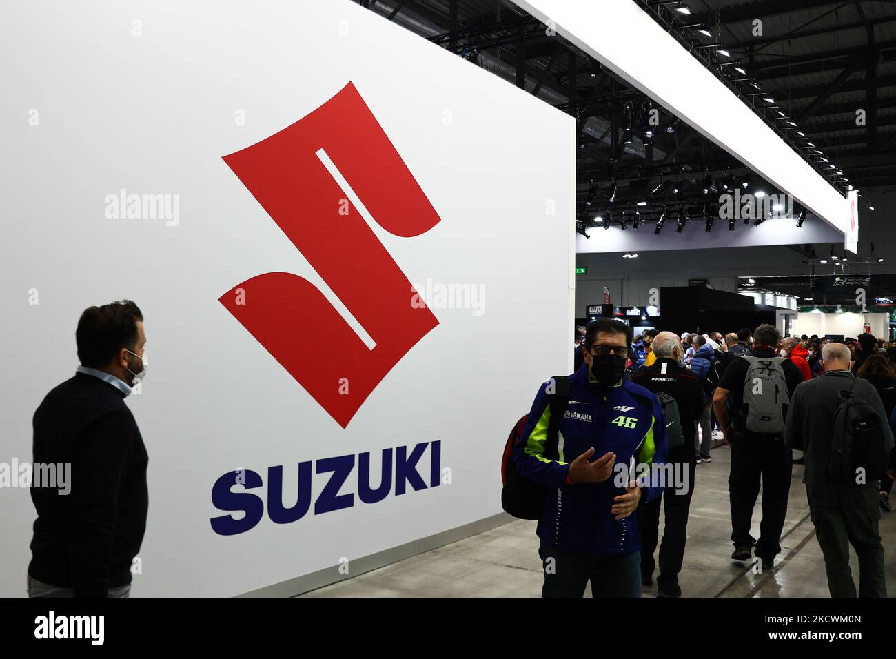 Suzuki logo is seen during the EICMA motorcycle show in Milan, Italy on November 25, 2021. (Photo by Jakub Porzycki/NurPhoto) Stock Photo