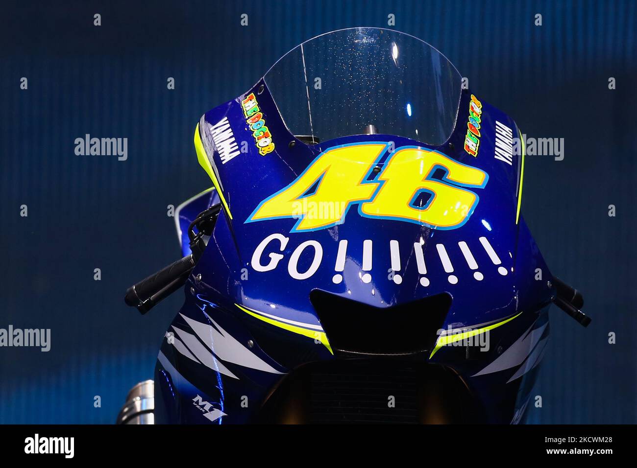 Valentino Rossi's Yamaha M1 MotoGP motorcycle is seen during the 'One More Lap' event, organized to mark the end of Valentino Rossi's MotoGP career, as a part of the EICMA motorcycle show in Milan, Italy on November 25, 2021. (Photo by Jakub Porzycki/NurPhoto) Stock Photo