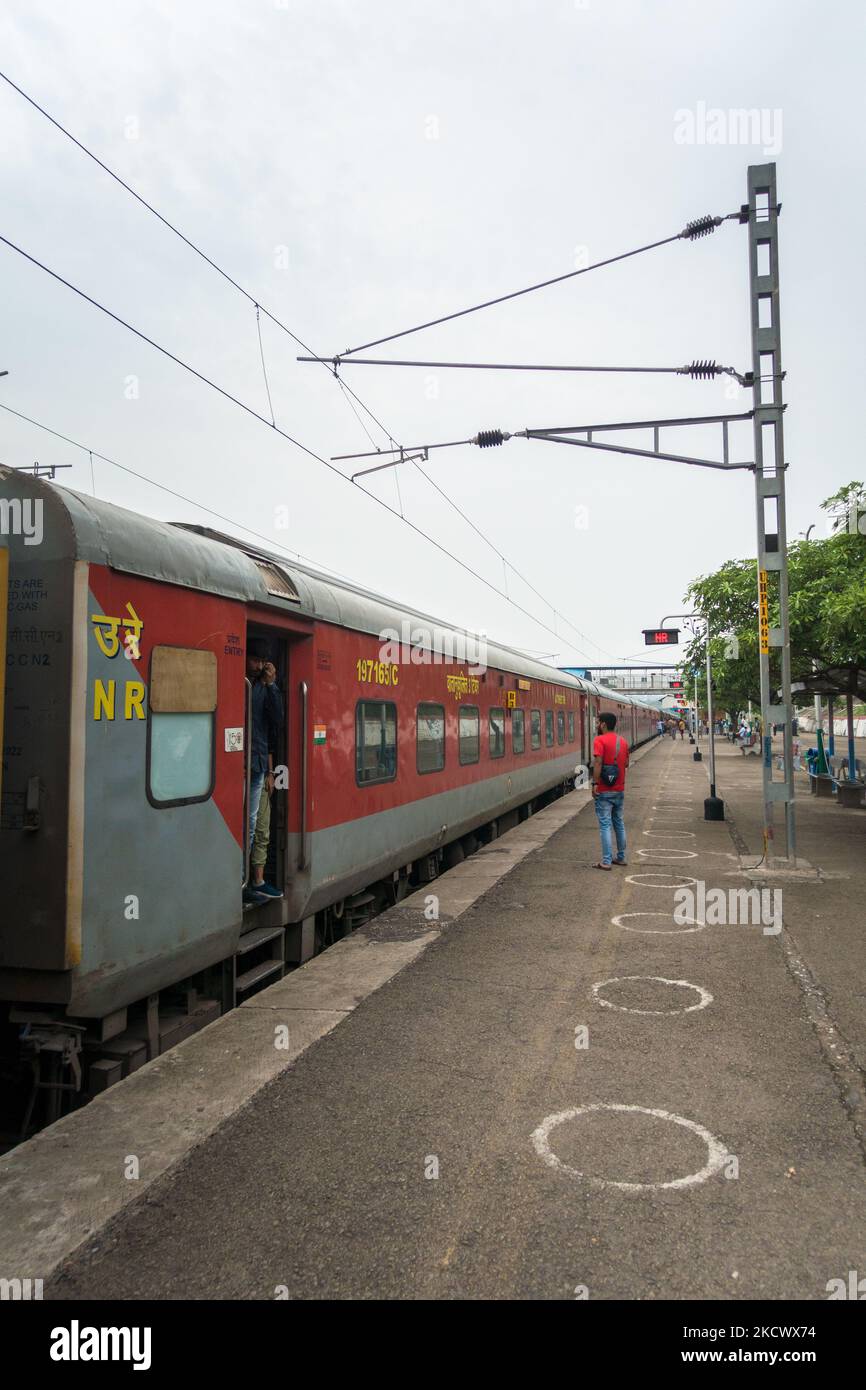 July 4th 2022 Jammu and Kashmir India..14609 RISHIKESH - SMVD KATRA Hemkunt Express at the railway platform with social distancing marks on the floor Stock Photo