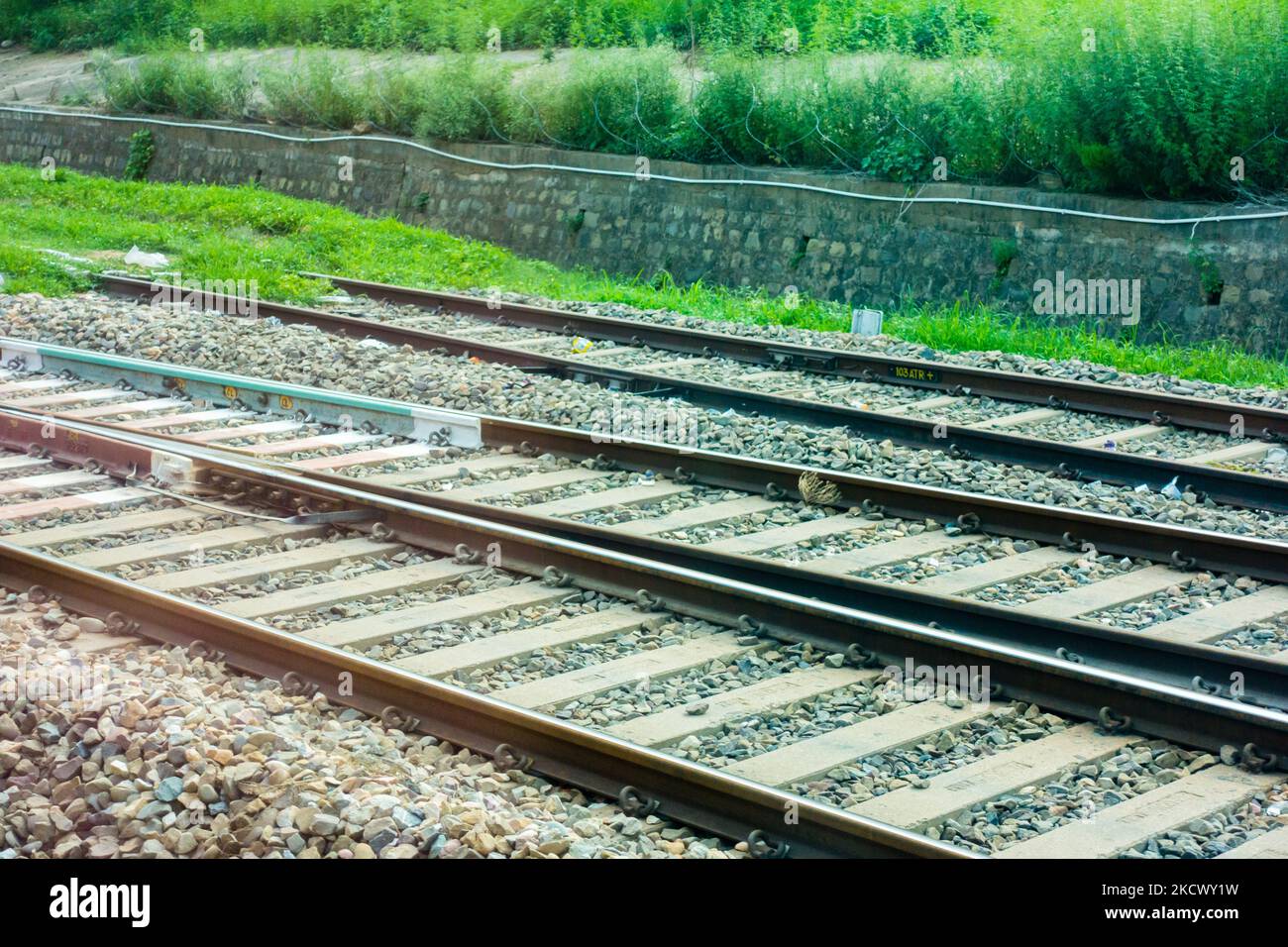 A railroad switch ( AE ) or turnout points on the tracks. Northern Indian Railways. India. Stock Photo