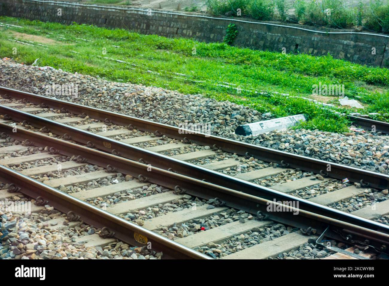 A railroad switch ( AE ) or turnout points on the tracks. Northern Indian Railways. India. Stock Photo