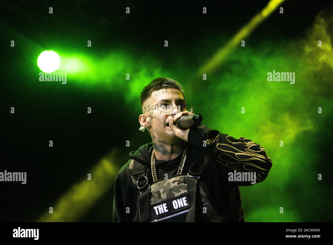 Argentine singer and songwriter Elian Valenzuela, known professionally as L-Gante Keloke, performs during a show in Buenos Aires, Argentina November 29, 2021. (Photo by Matías Baglietto/NurPhoto) Stock Photo