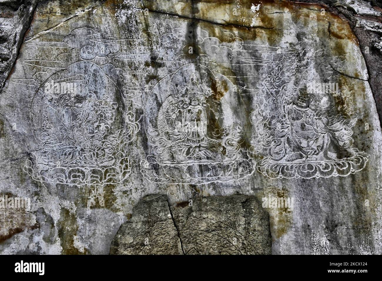 Ancient carved stones with the images of Buddhist deities at a religious shrine among the ruins of Rabdentse Palace in Rabdentse Sikkim, India on June 02 2010. Towards the reign of Tenzing Namgyal, the frequent Gorkha attack from the western boarder finally caused the capital to be shifted. Rabdentse was acknowledged to be the second capital of Sikkim. With passing time, Rabdentse was desolated and ravages of time and the royal capital turned into ruins. The site has been recently very fully excavated and restored by the Archaeological survey of India. (Photo by Creative Touch Imaging Ltd./Nur Stock Photo