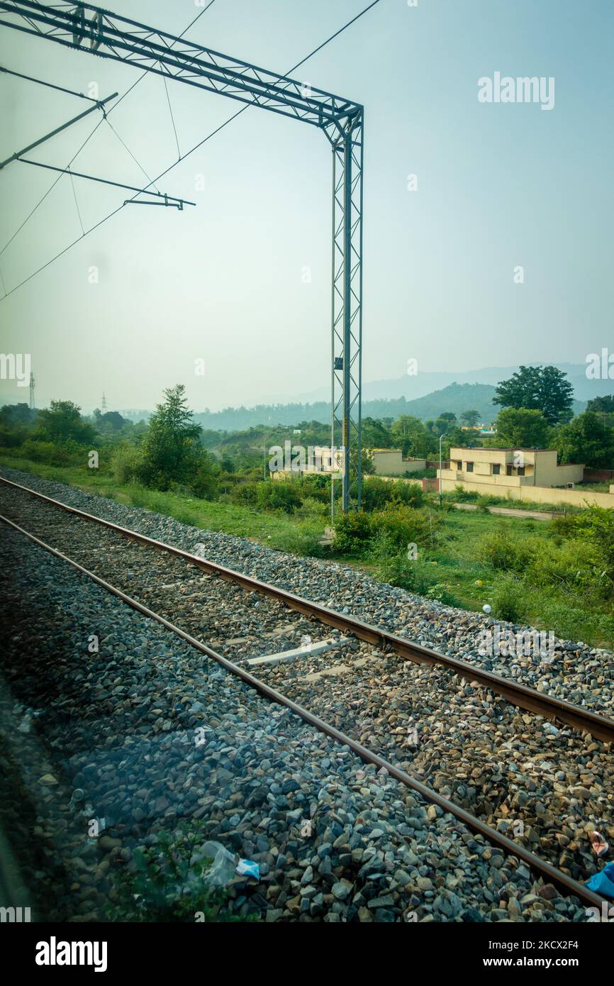 July 4th 2022 Jammu and Kashmir India. Railway Servant housing colony or official quarters alongside a railway station. Stock Photo