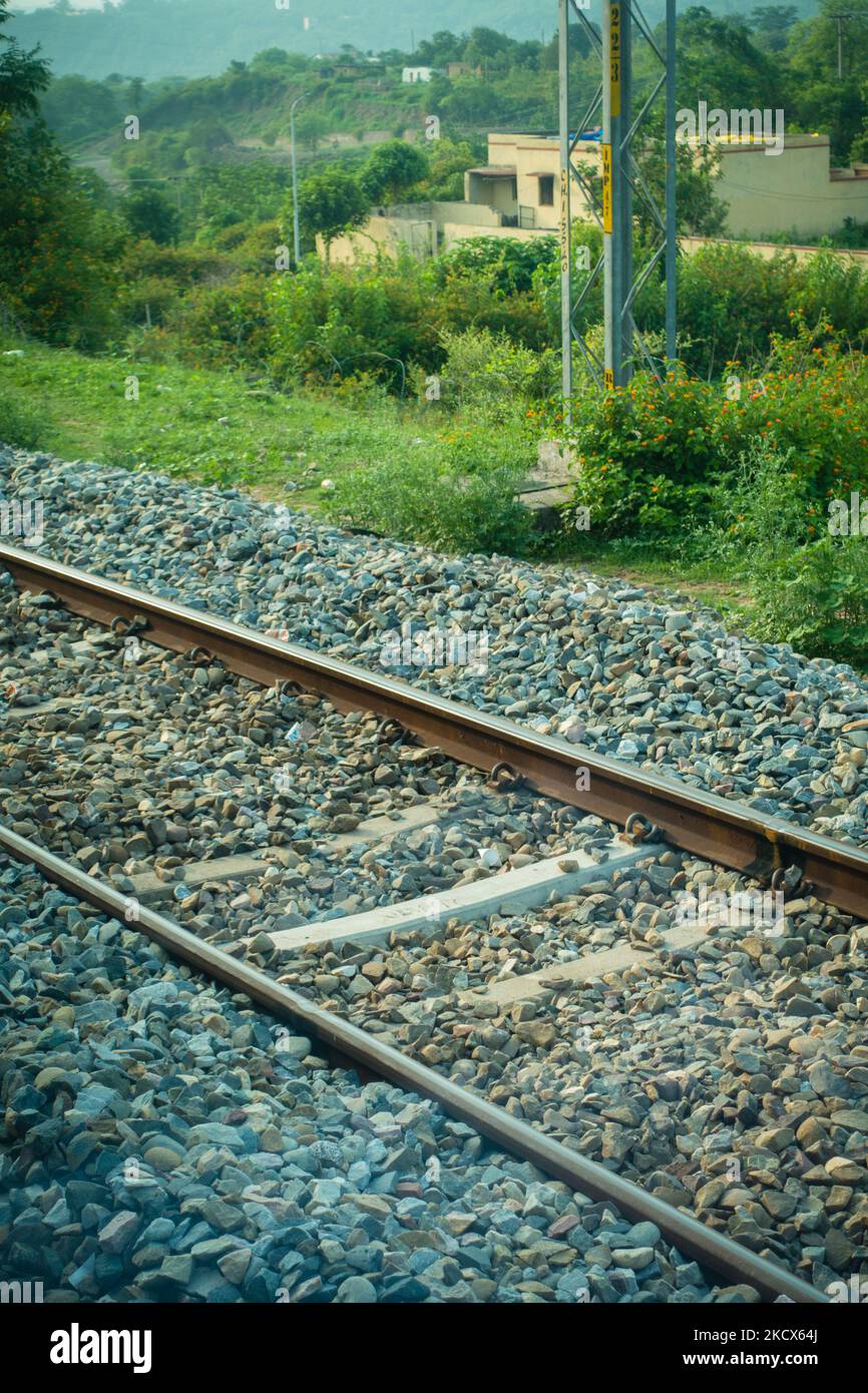 Close up shot of Railway tracks with gravel base. Northern Indian Railways. India. Stock Photo