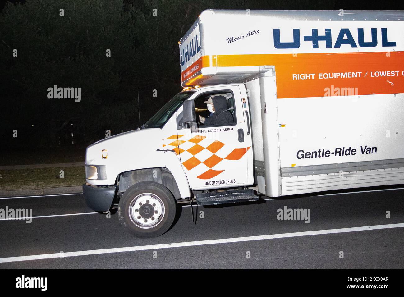 A U-Haul box truck arrives to load members of white supremacist hate group Patriot Front for their departure in Memorial Circle near Arlington National Cemetery after an unannounced march on the National Mall in Washington, D.C. (Photo by Bryan Olin Dozier/NurPhoto) Stock Photo