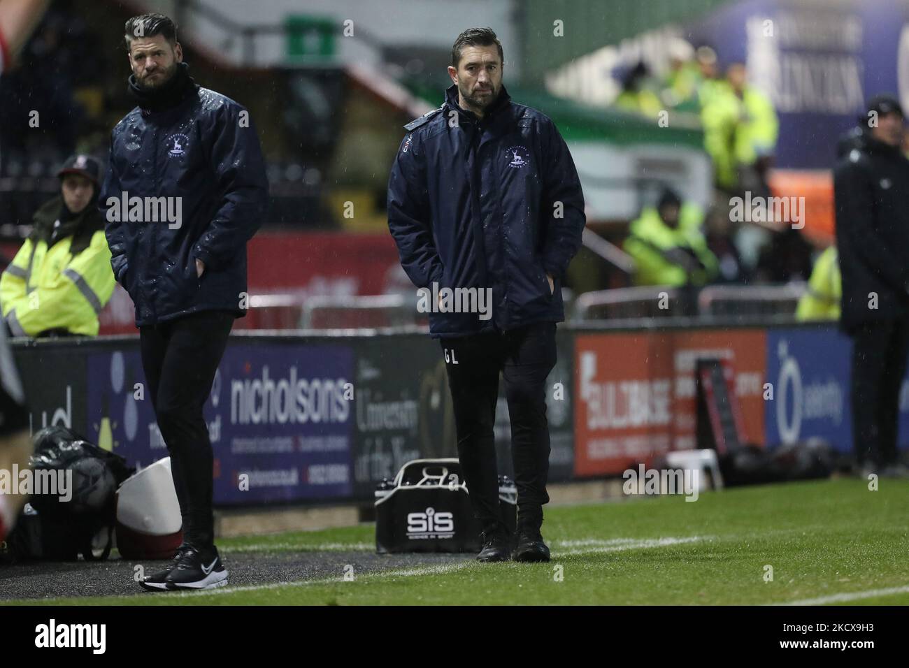 Hartlepool United manager Graeme Lee during the FA Cup match between Lincoln City and Hartlepool United at the LNER Sincil Bank Stadium, Lincoln on Saturday 4th December 2021. (Photo by Mark Fletcher/MI News/NurPhoto) Stock Photo
