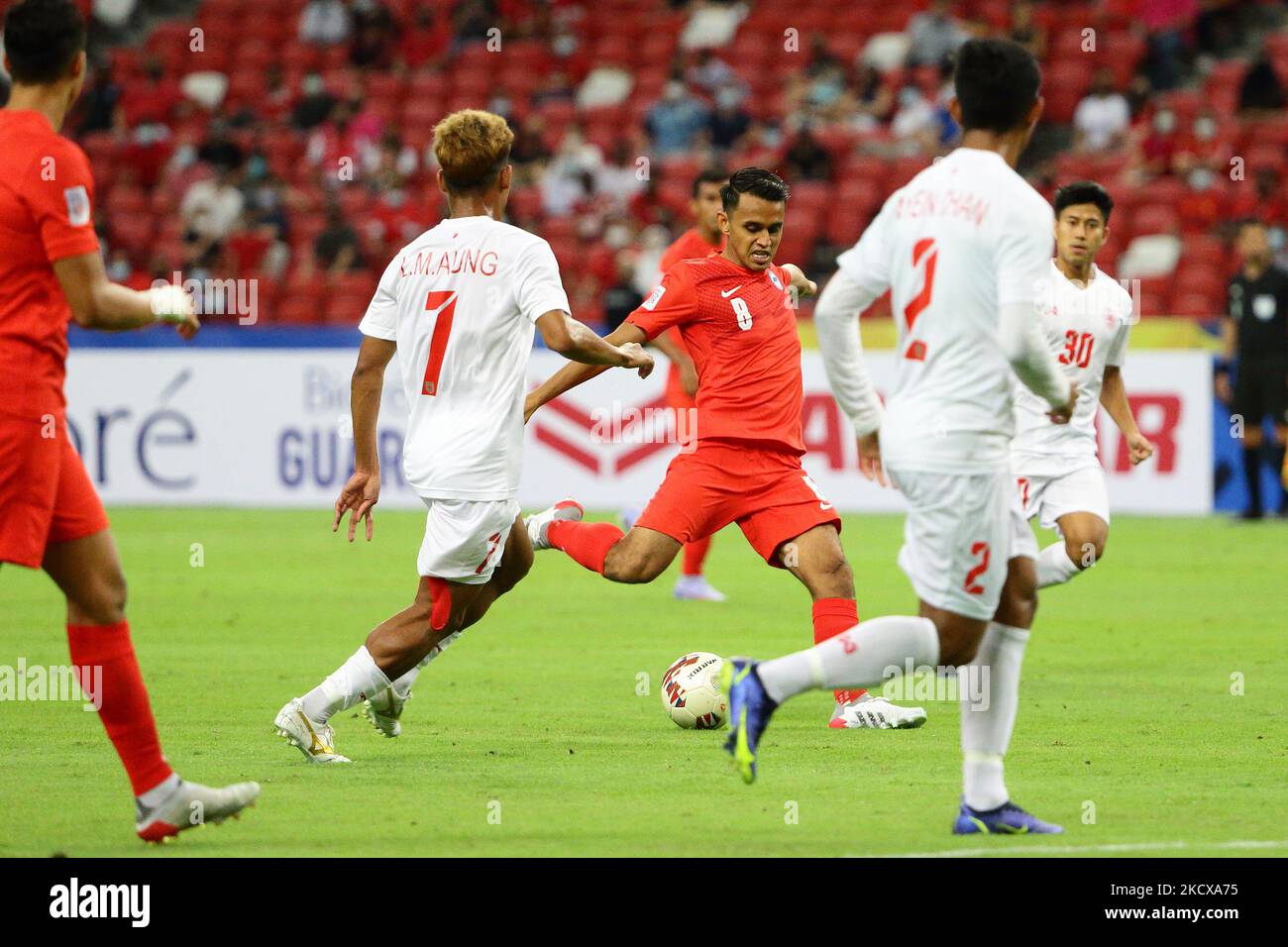 Shahdan Sulaiman of Singapore lines up a shot at goal during the AFF Suzuki Cup 2020 Group A match between Singapore and Myanmar at National Stadium on December 5, 2021 in Singapore. (Photo by Suhaimi Abdullah/NurPhoto) Stock Photo