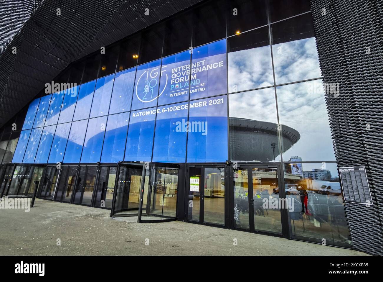 The International Congress Center where the UN Internet Governance Forum - IGF 2021 will be held. Katowice, Poland on December 4th, 2021. The 16th annual IGF meeting will be hosted by the Government of Poland in Katowice from 6-10 December, under the overarching theme: Internet United. (Photo by Beata Zawrzel/NurPhoto) Stock Photo