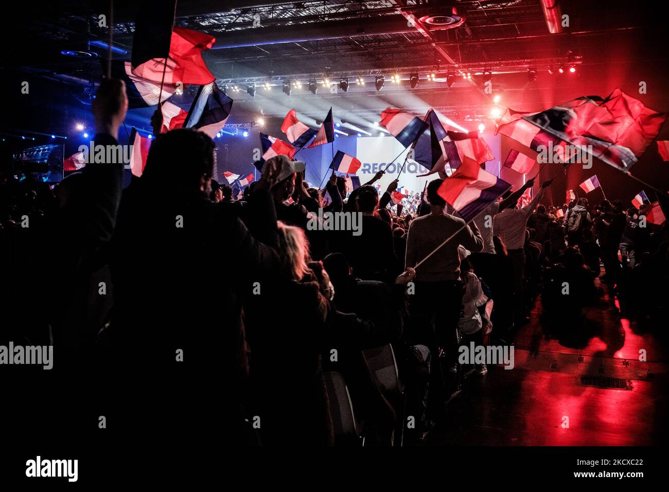Several thousand people gathered in Villepinte (suburb of Paris) on December 5, 2021 for the first meeting in the 2022 presidential race of former journalist and far-right polemicist Eric Zemmour. Hundreds of French flags and signs with the slogans of his campaign (well, impossible is not French and Zemmour 2022) had been distributed to his activists. (Photo by Samuel Boivin/NurPhoto) Stock Photo