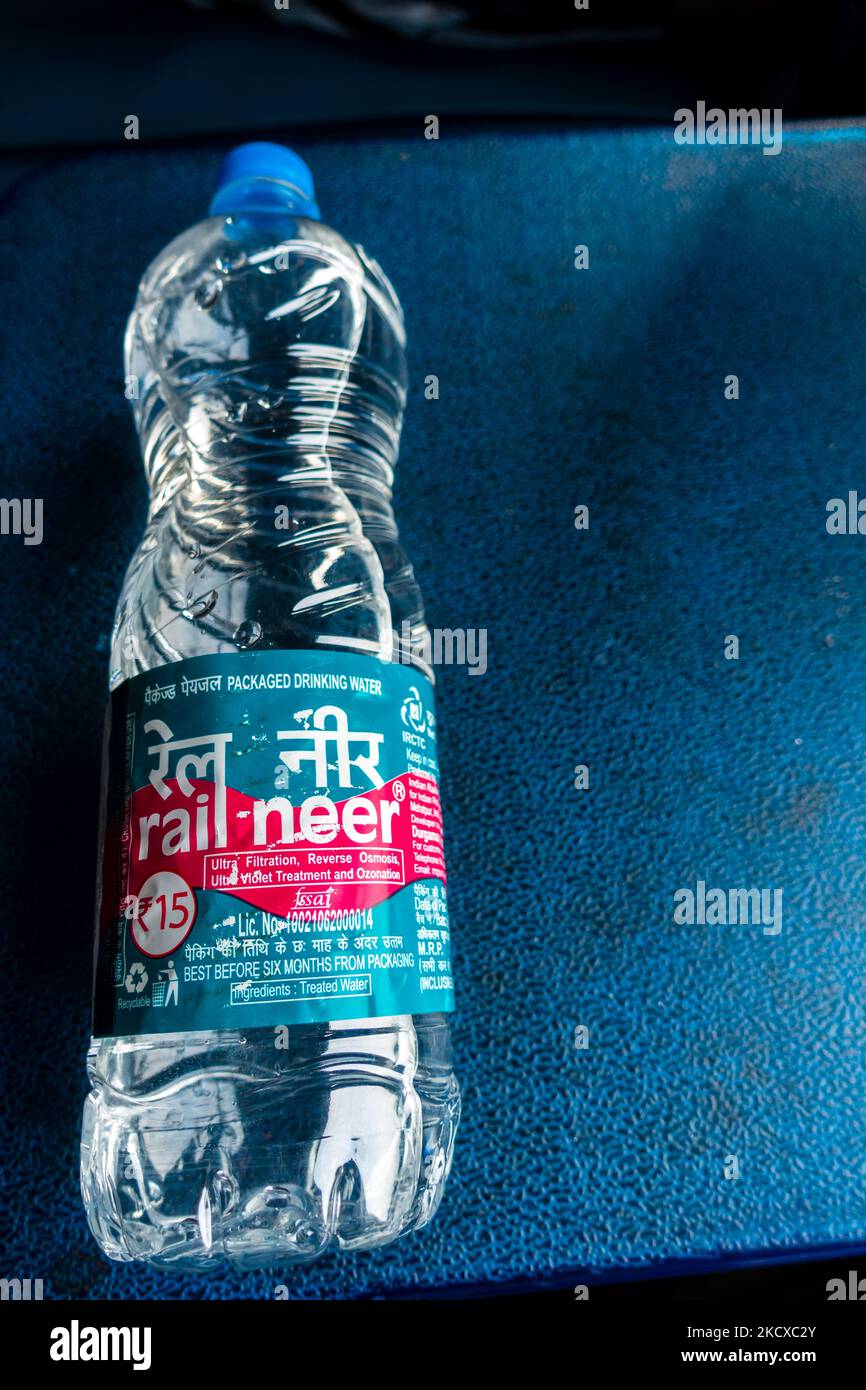 July 4th 2022 Haridwar India. Rail Neer packaged drinking water bottle offered by Indian Railways. Stock Photo