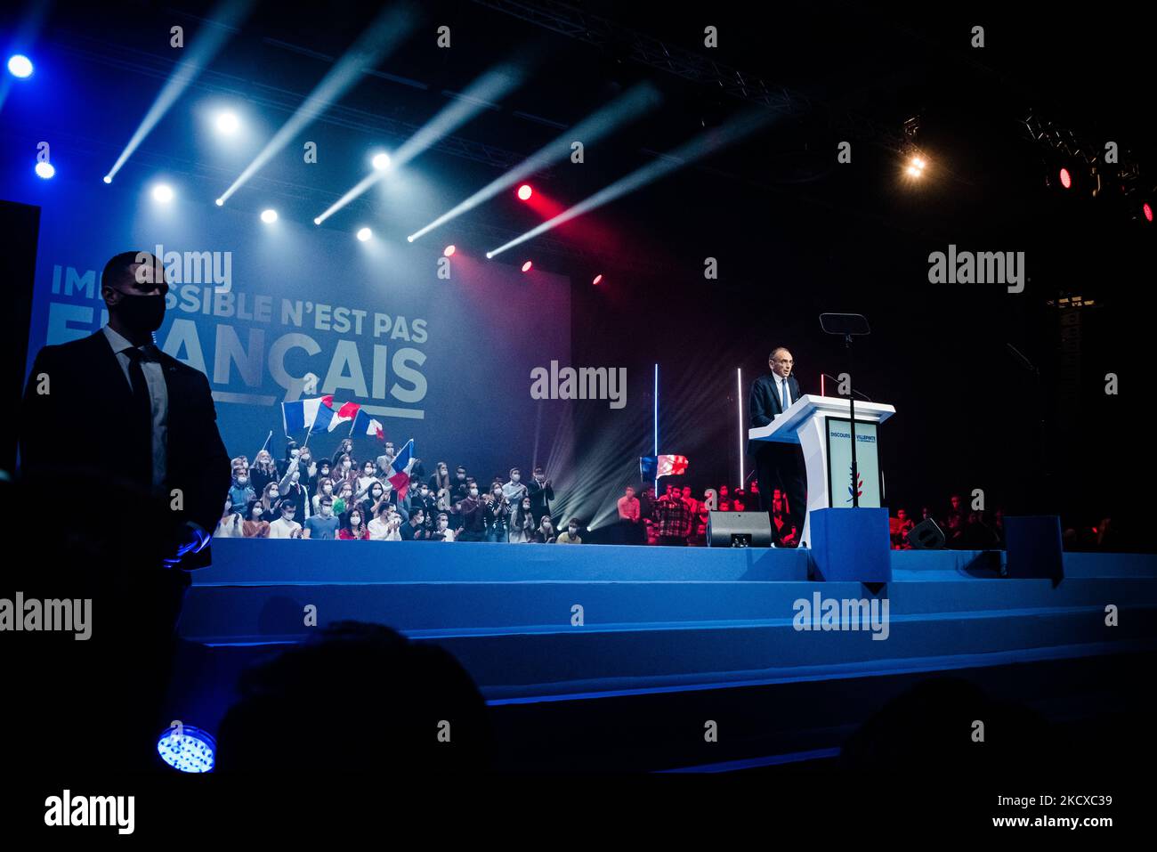 On December 5, 2021, the first meeting in the race for the French presidential election in 2022 of the former journalist and far-right polemicist Eric Zemmour took place in Villepinte (suburb of Paris). Thousands of people came, including his closest supporters, some of whom spoke before him to introduce his speech. (Photo by Samuel Boivin/NurPhoto) Stock Photo